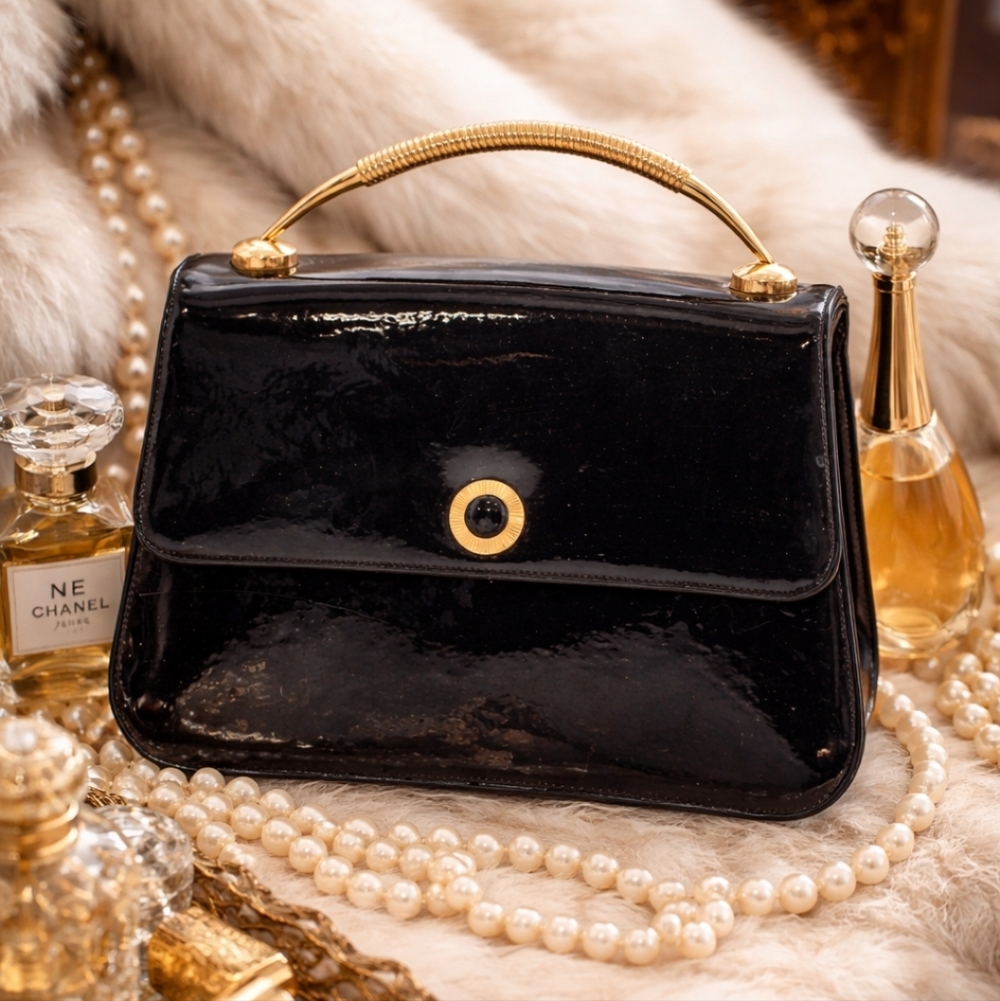 BIENEN DAVIS Black Patent Leather Top Handle Evening Bag Gold Hardware Vintage - Picture 1 of 3